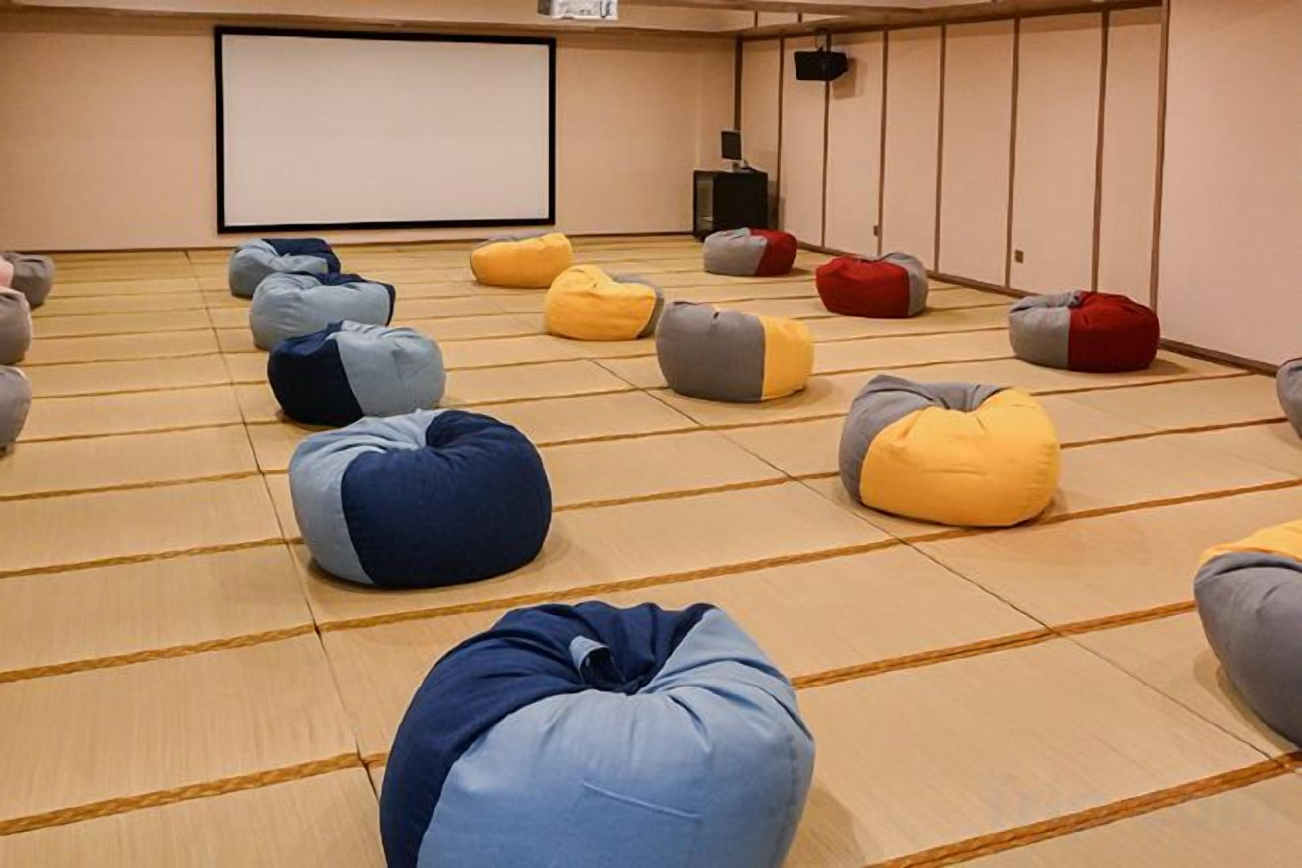 A room with tatami mats, a projector screen, and bean bags.