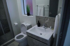 Shower, towels, soap, shampoo