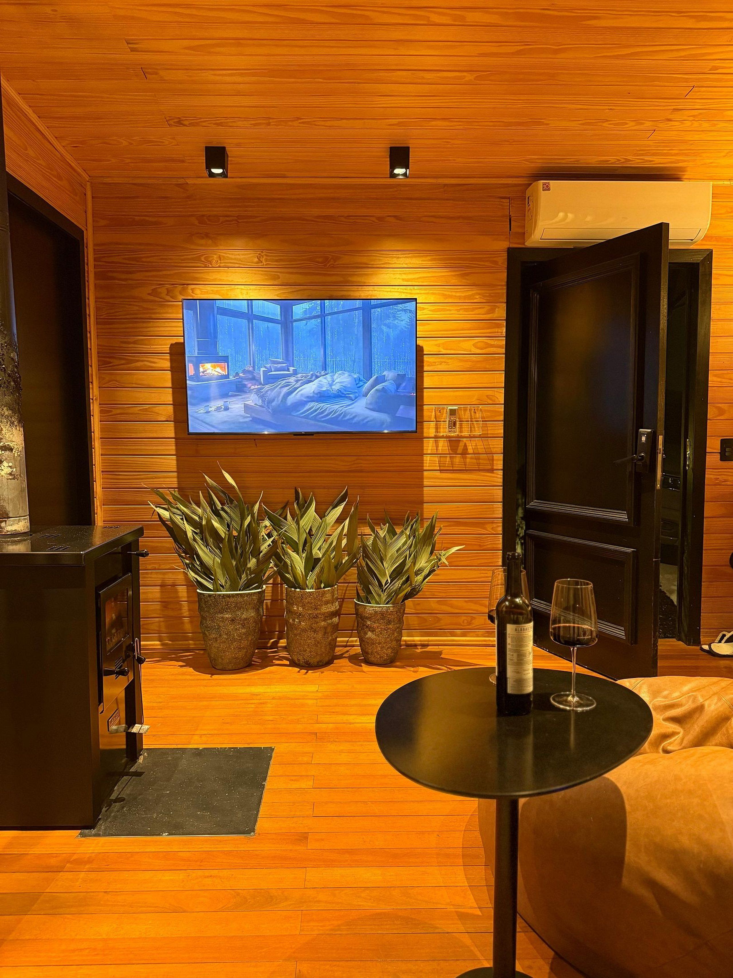 Uma sala de estar moderna com uma TV grande presa a uma parede de madeira, um sofá, uma mesinha com uma garrafa e um copo, e várias plantas em vasos.