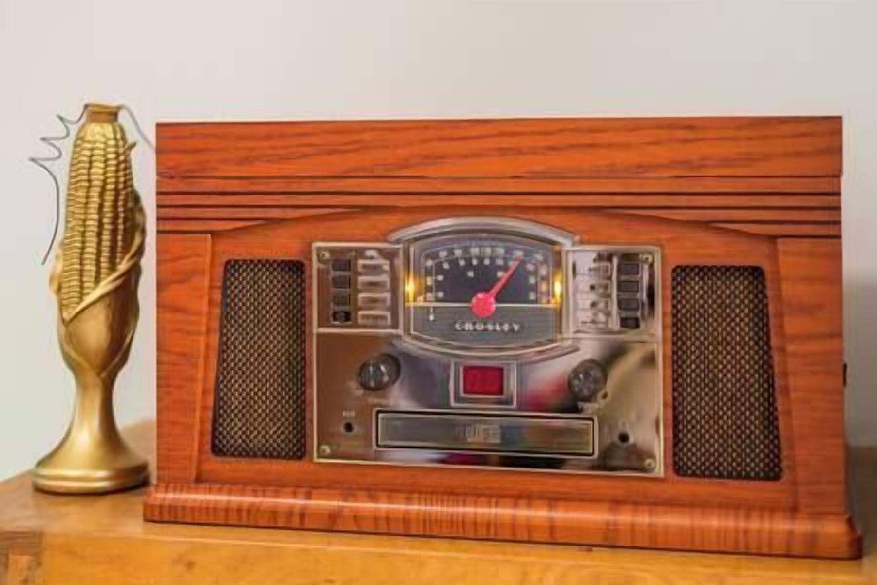 A Crosley radio with a wooden cabinet and two speaker grills.