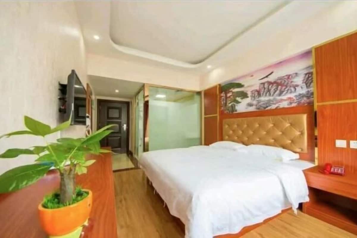Ein Hotelzimmer mit Bett, Fernseher, Blumentopf und einem Bild an der Wand.