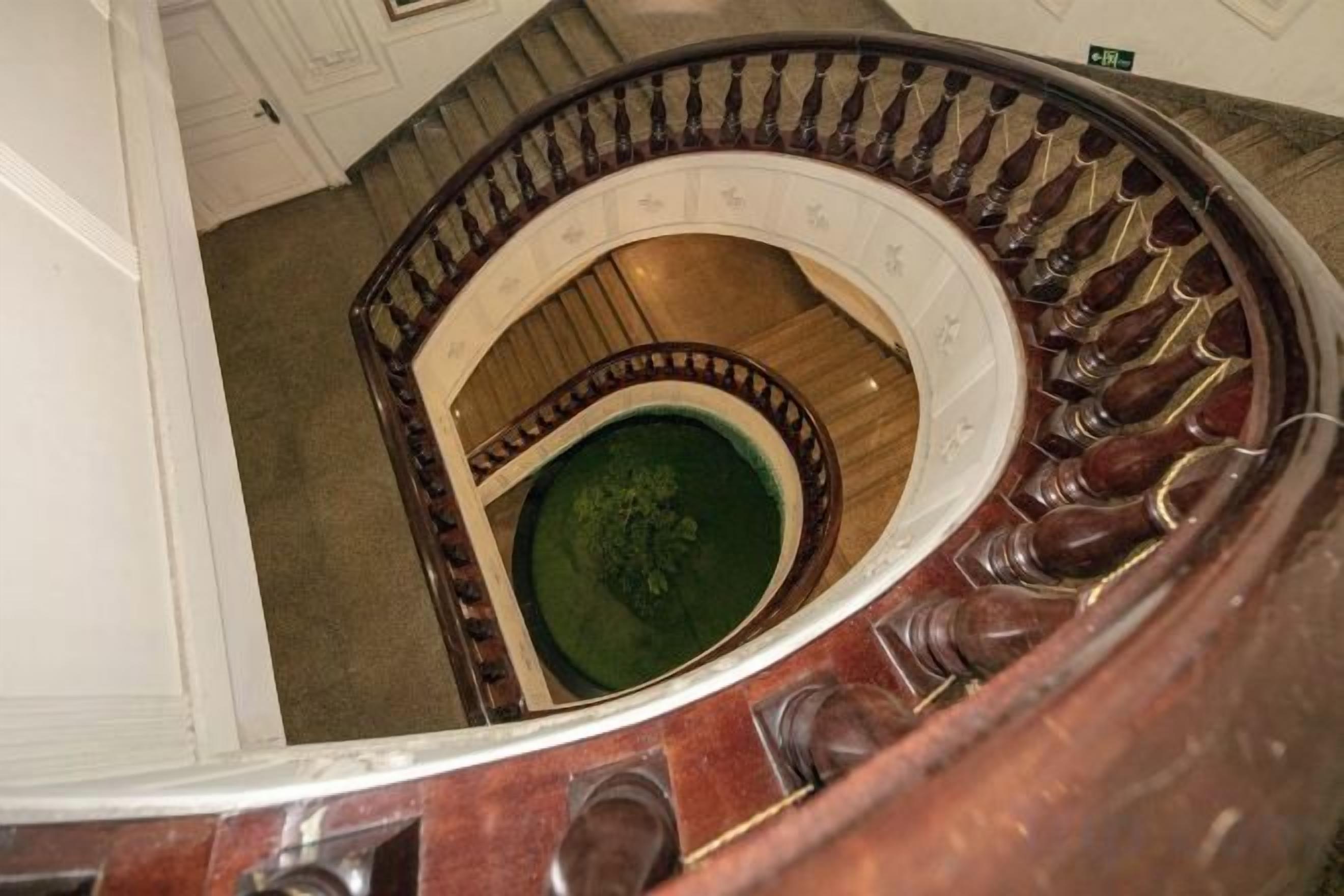 A spiral staircase with a central column and a green decorative element at the bottom.