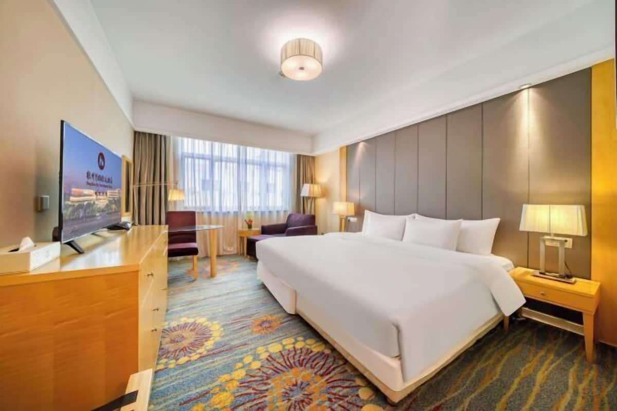 A hotel room with a large bed, a desk with a television, a chair, a nightstand with a lamp, and a window with curtains.