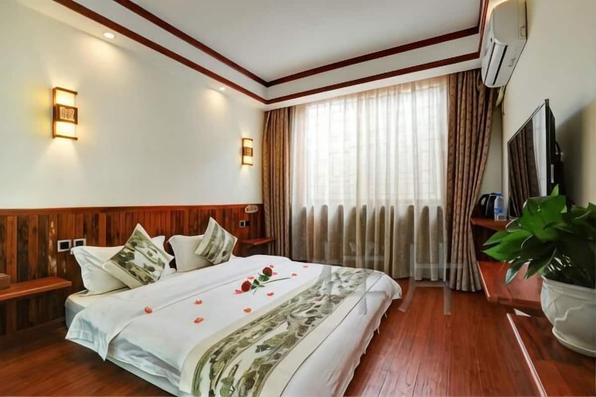 A hotel room with a bed, bedside tables, a TV, a plant, and a window with curtains.