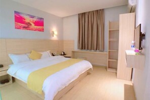A hotel room with a bed, bedside tables, a nightstand, a window with curtains, a wall-mounted TV, and a shelf with a vase. - SWT(sweetheart) Express Hotel (Dongguan)