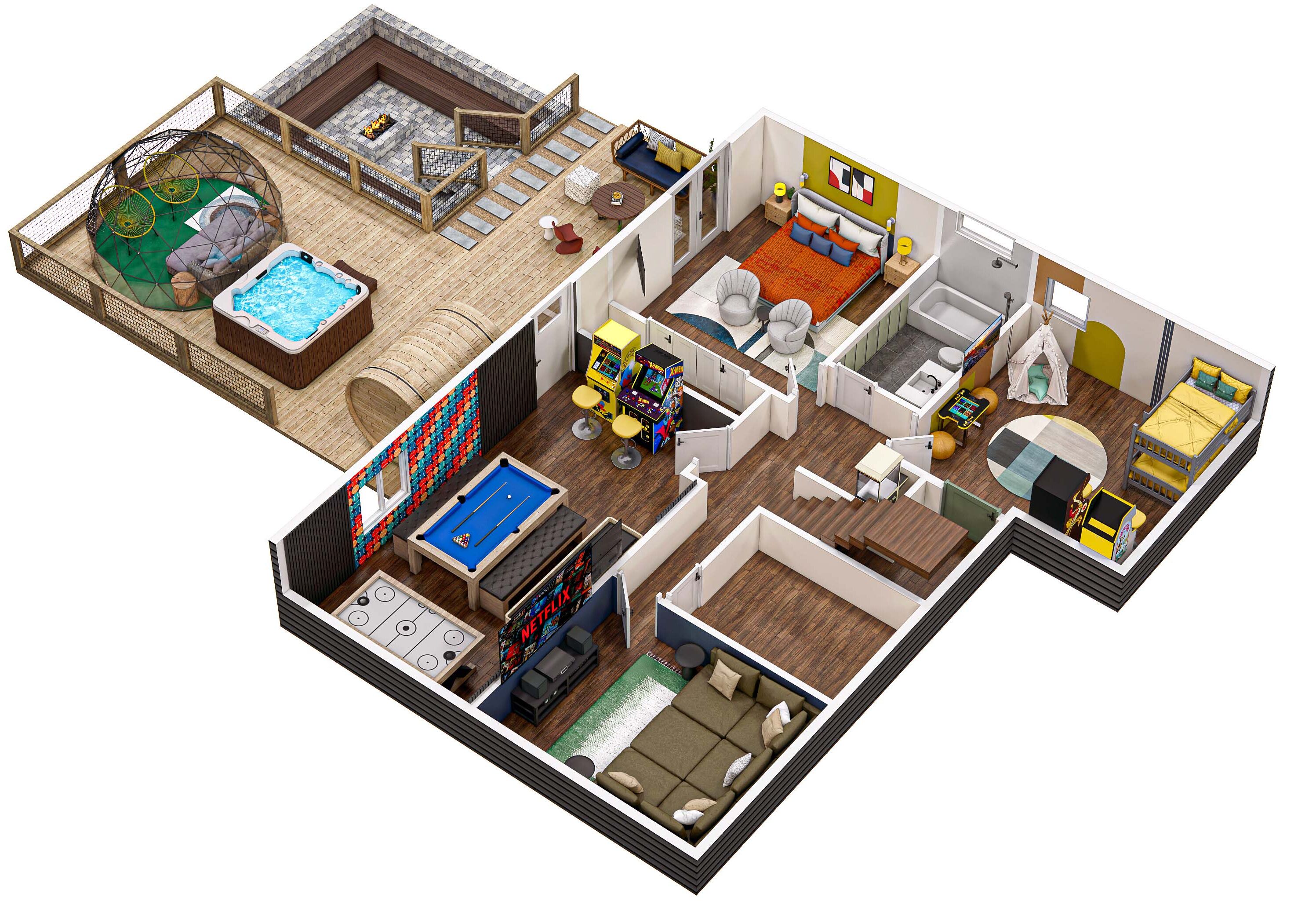 Ein 3D-Grundriss eines Hotels mit Pool, Wohnzimmer, Schlafzimmer, Badezimmer und Küchenbereich.