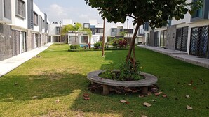 A courtyard with a circular planter, a tree, and a well-maintained lawn. - Beautiful and Spacious House Alcatraz, Florencia Gardens, Cuernavaca (Cuernavaca)