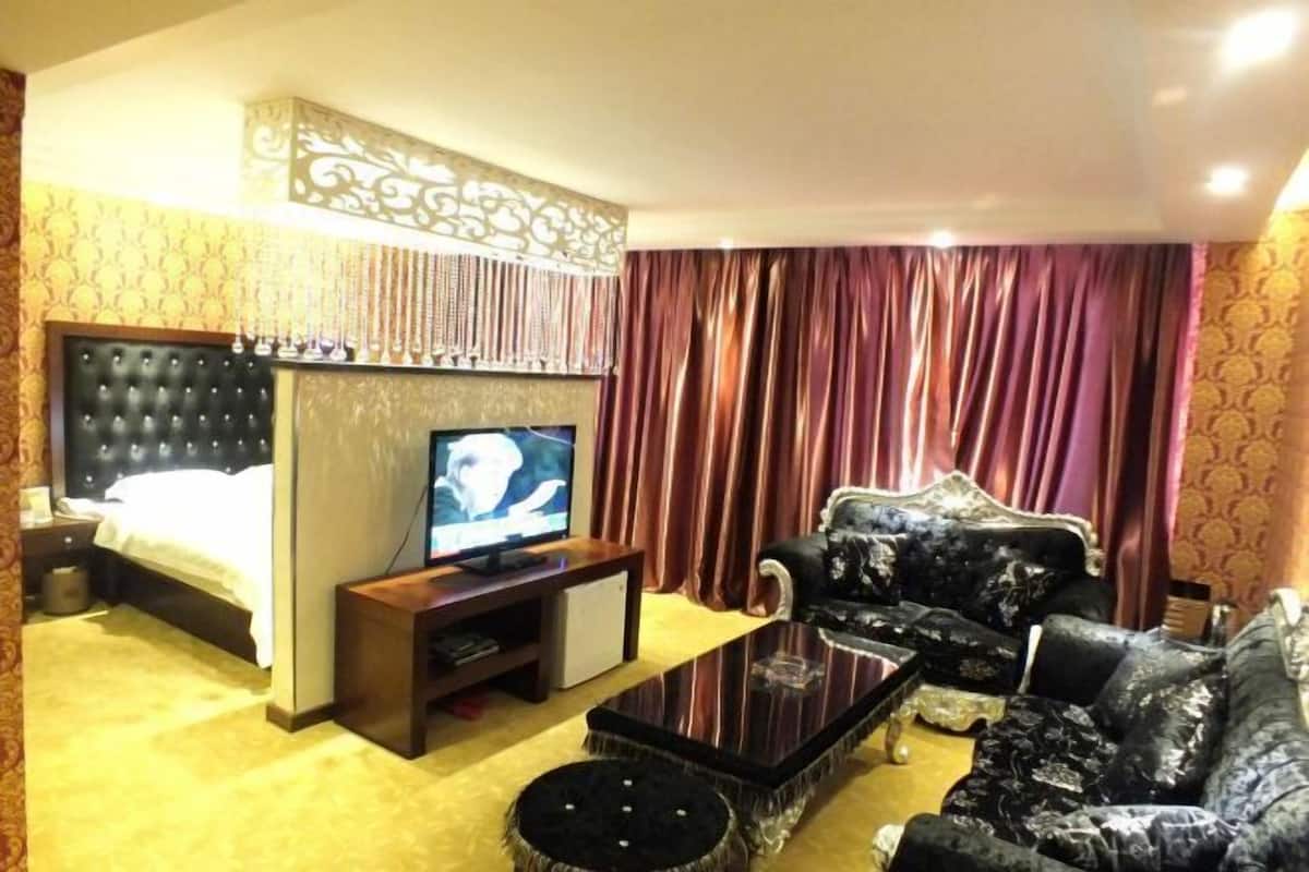 A living room with a bed, television, sofa, and a decorative wall panel.