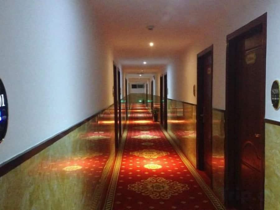 A hotel corridor with a red carpet, doors, and a sign with a number.