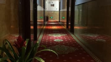A corridor with patterned carpet, glass doors, and a plant.