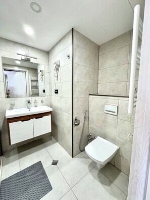 Shower, hair dryer, towels, soap