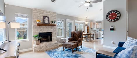 TV, fireplace, offices