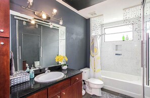Shower, hair dryer, shampoo