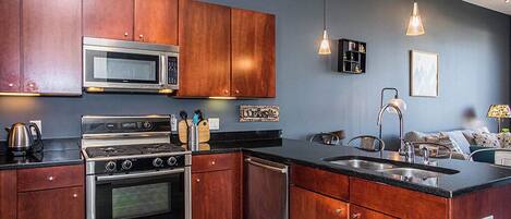 Fridge, microwave, oven, stovetop