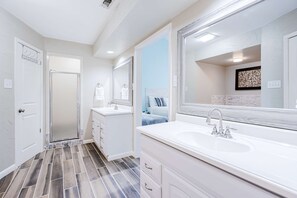 Shower, hair dryer, shampoo