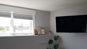 A modern living room with a large window, a flat-screen TV mounted on the wall, and a wooden dining table with two chairs.