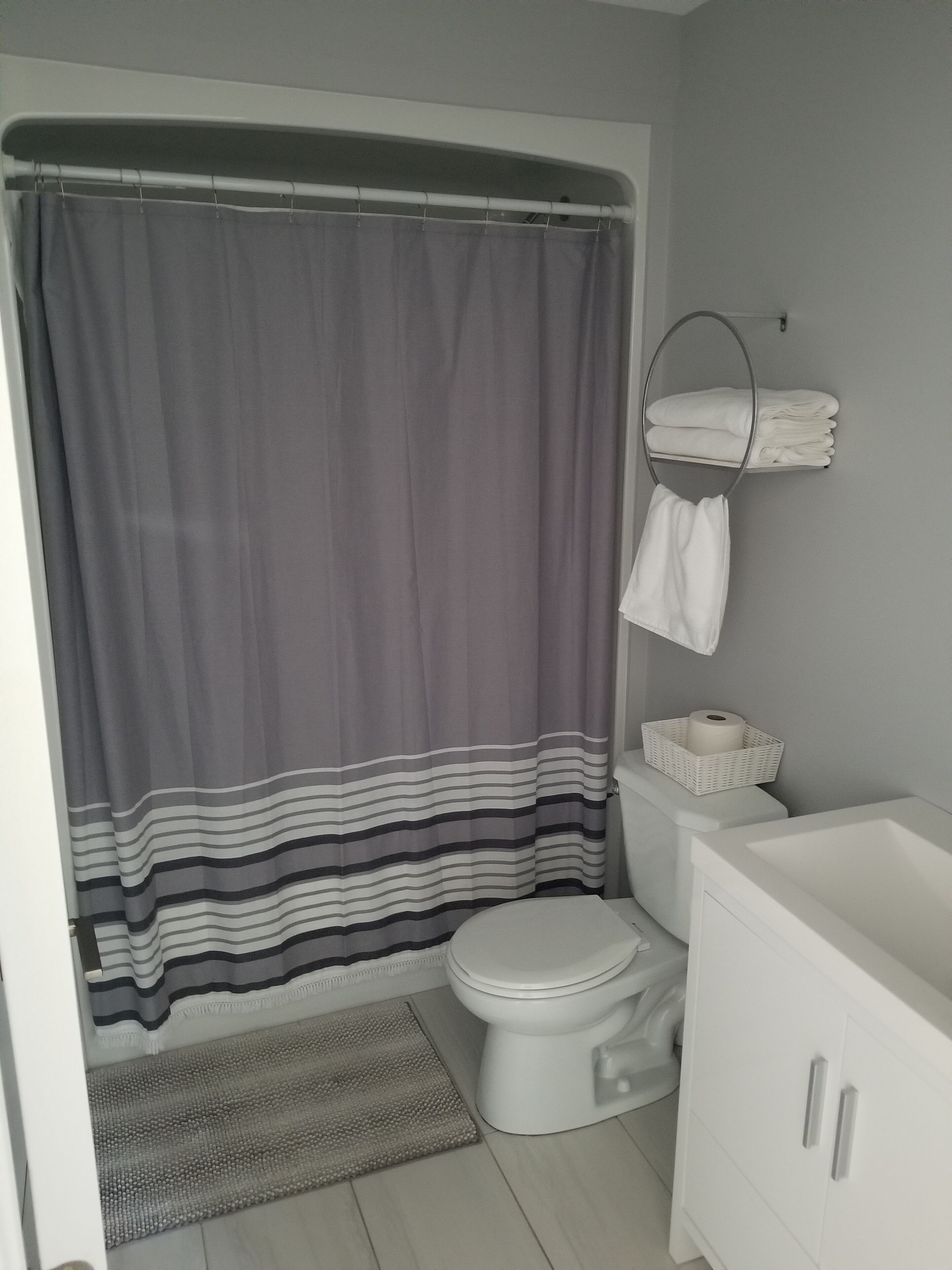 Une salle de bain avec un rideau de douche, des toilettes et un lavabo.