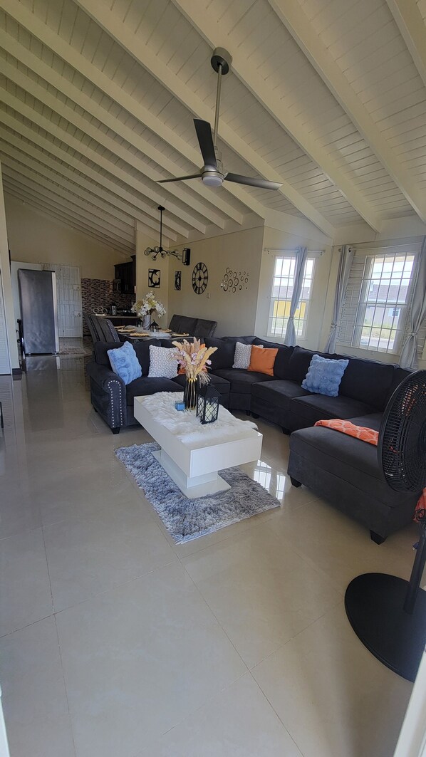 Smart TV, lareira, aparelho de som