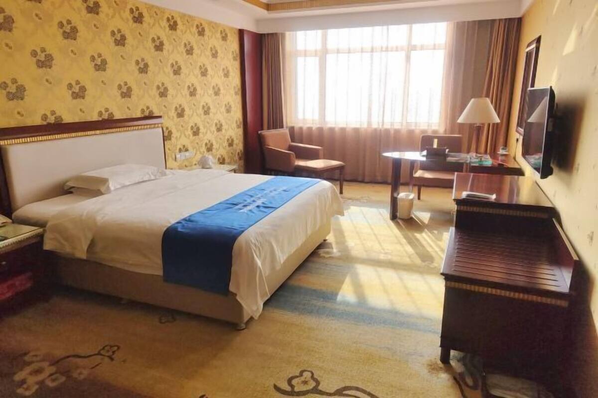 A hotel room with a bed, a desk, a chair, a TV, and a piano.