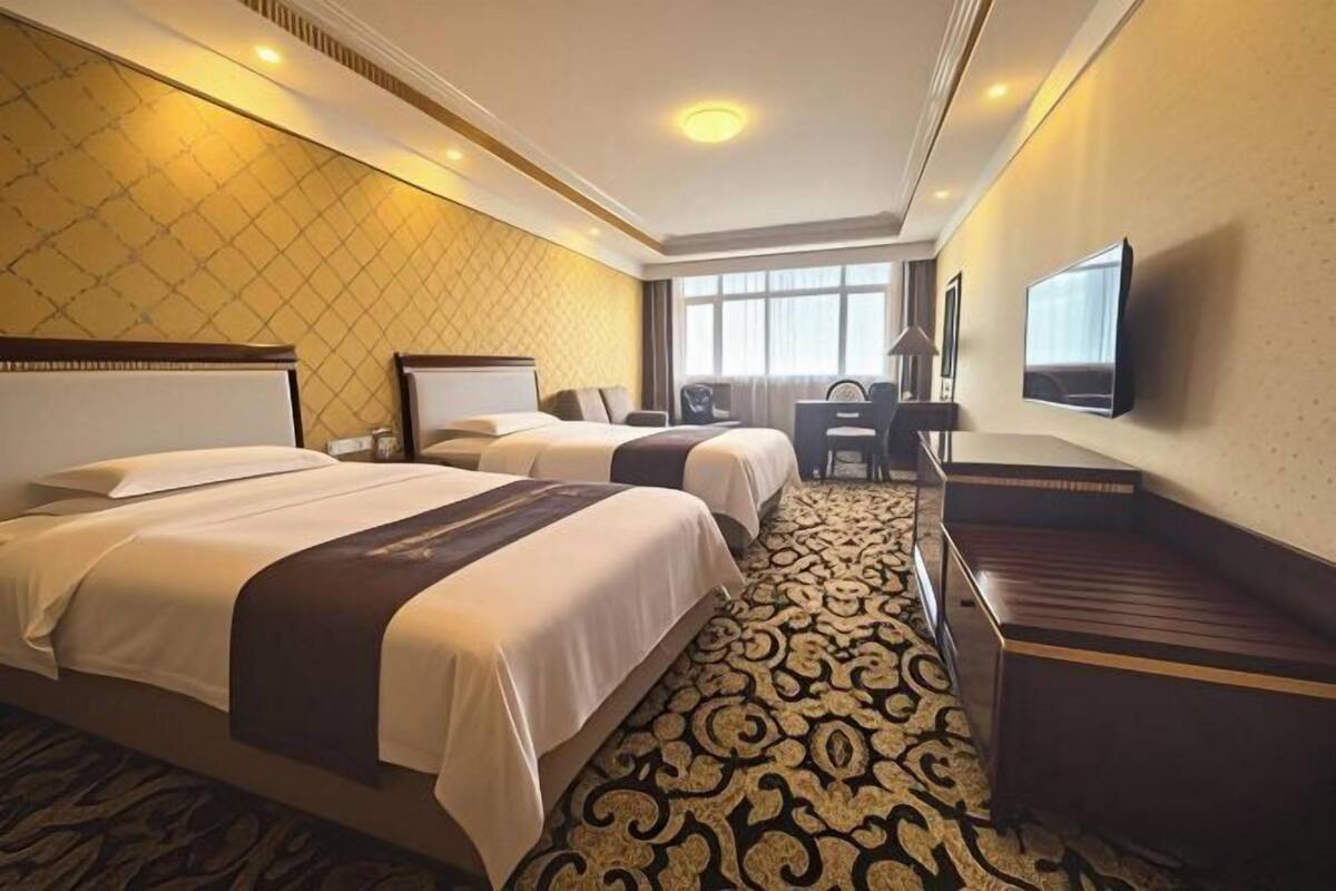 A hotel room with two beds, a desk, a chair, a TV, and a patterned carpet.
