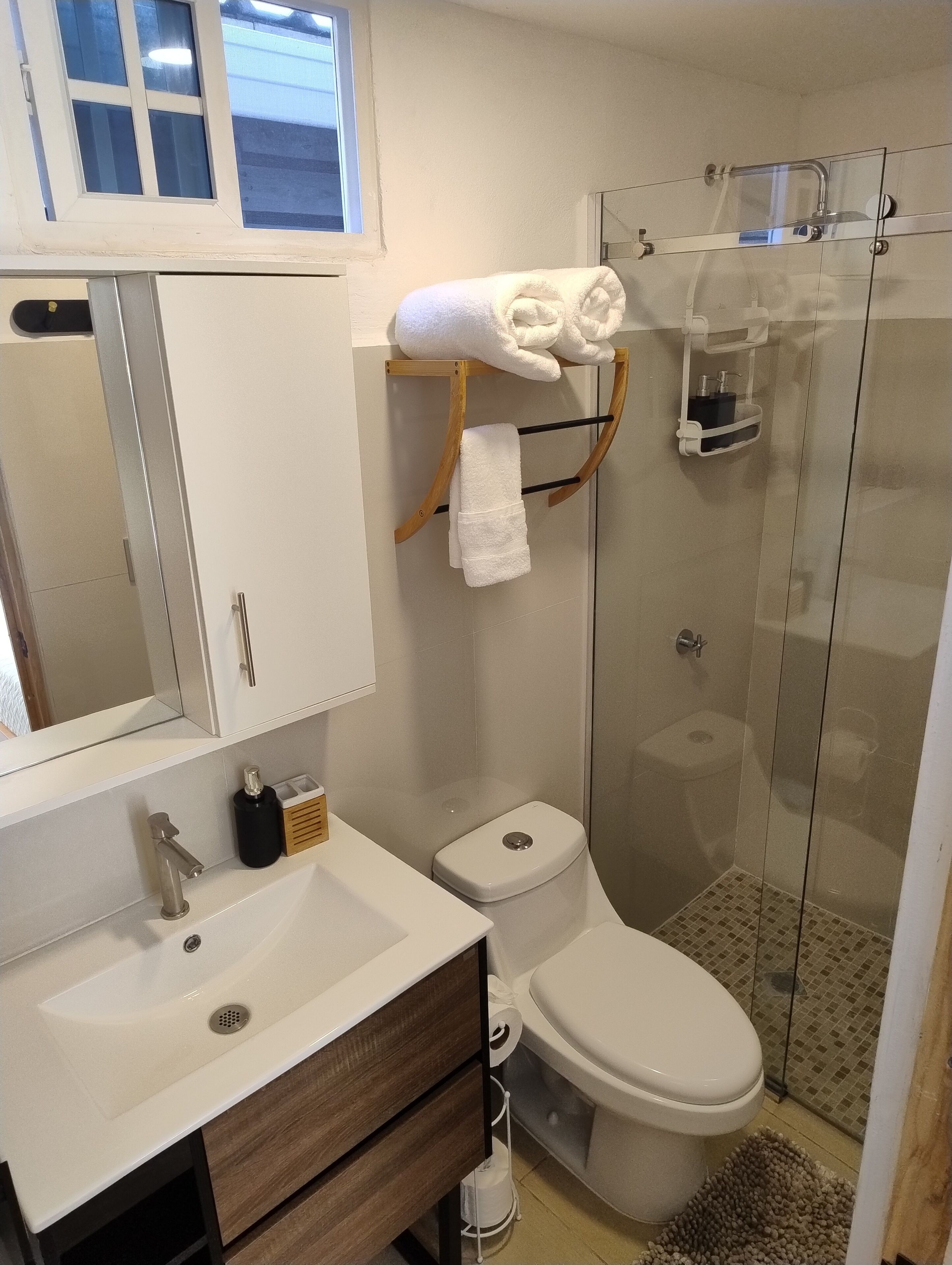 A modern bathroom with a glass-enclosed shower, a white sink with a wooden vanity, and a toilet.
