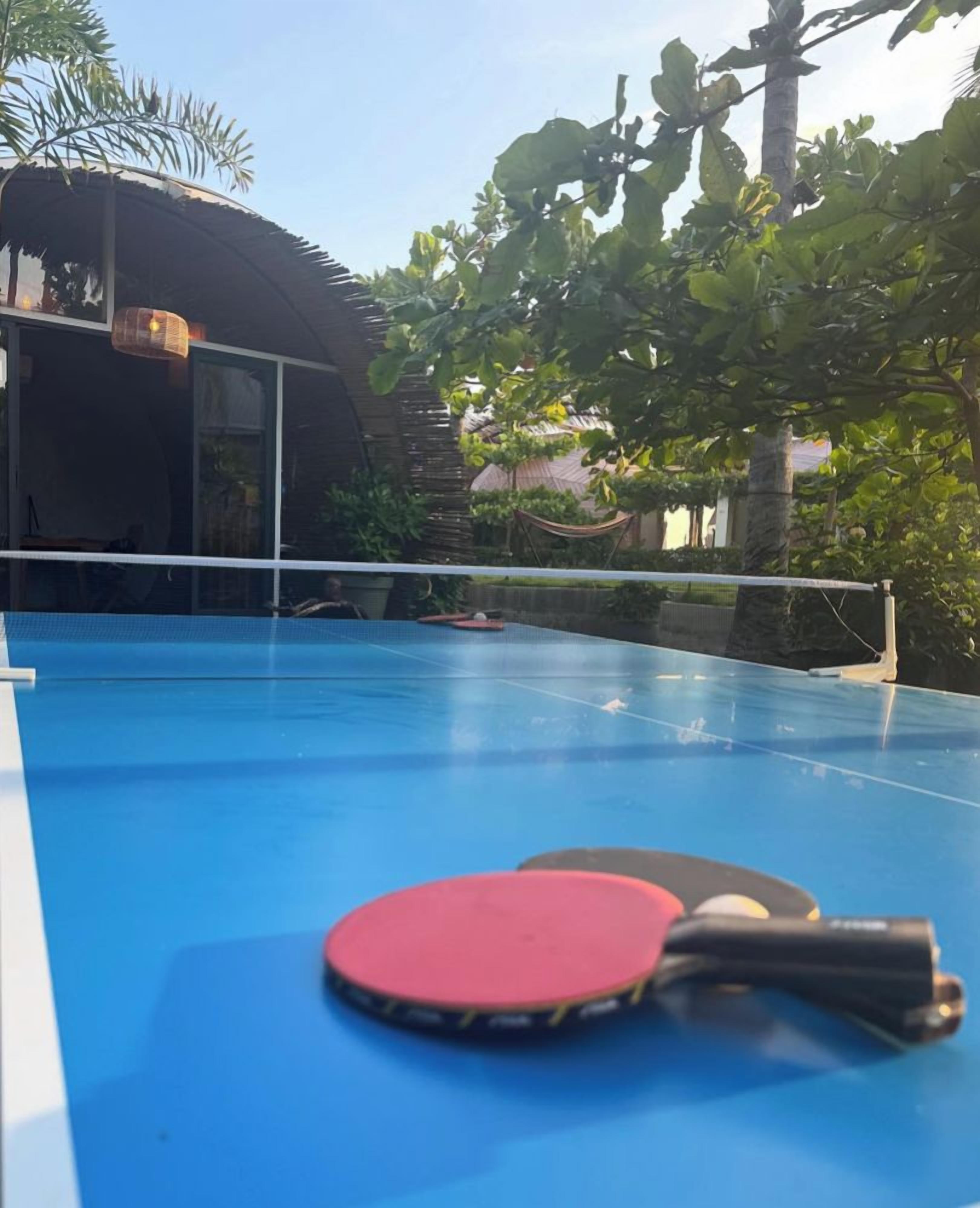 A blue pool table with two red and two black paddles, surrounded by greenery and a building with a curved roof.