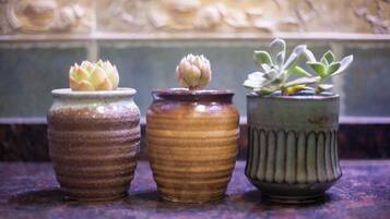 Three ceramic pots with plants on a textured surface.