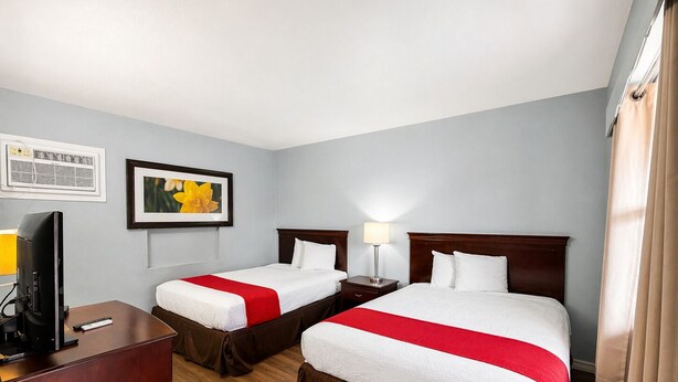 Habitación de hotel con dos camas, un escritorio, un televisor y un cuadro en la pared.