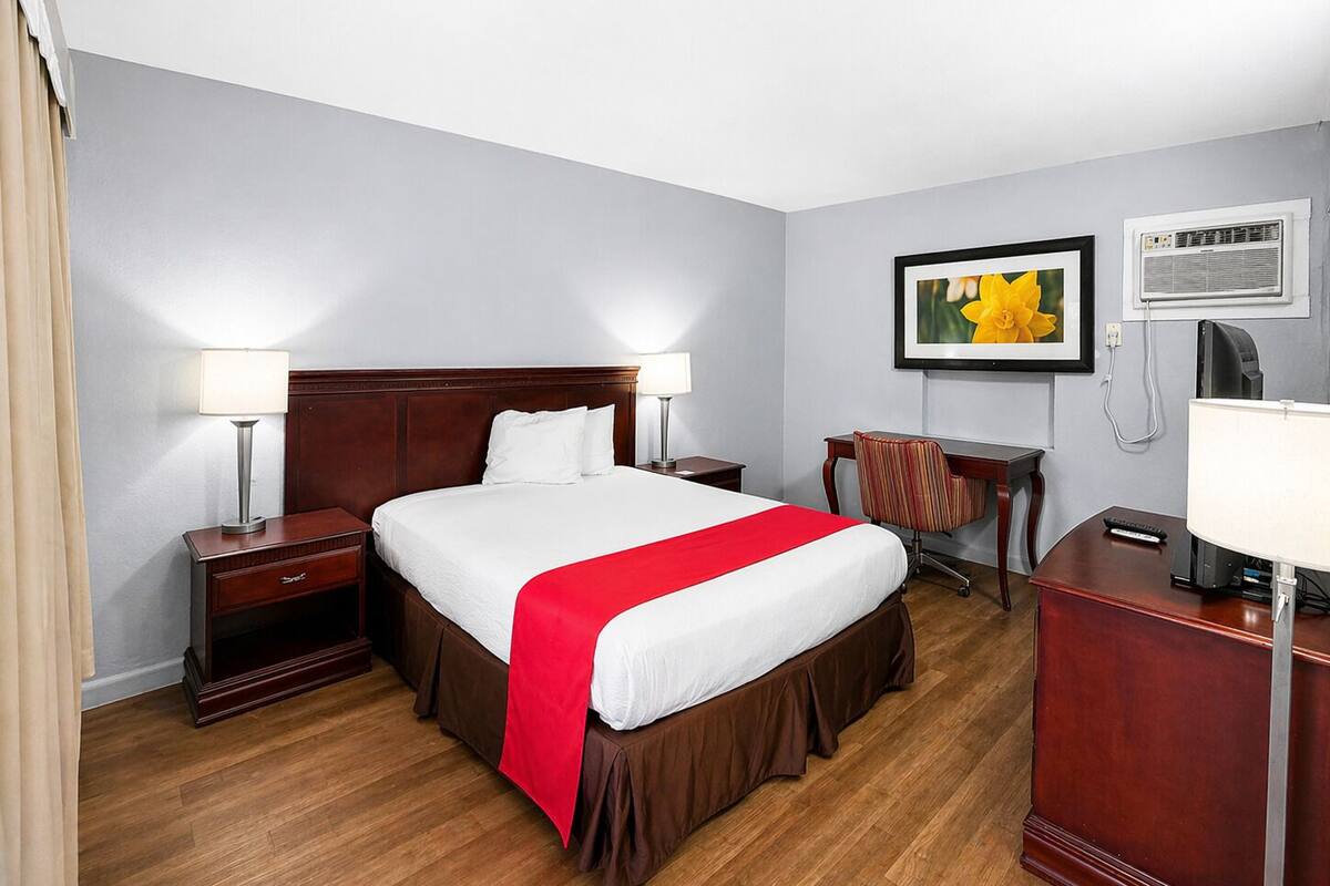 Une chambre d’hôtel avec un grand lit, des lampes de chevet, un bureau avec une chaise, une télévision et un tableau encadré au mur.