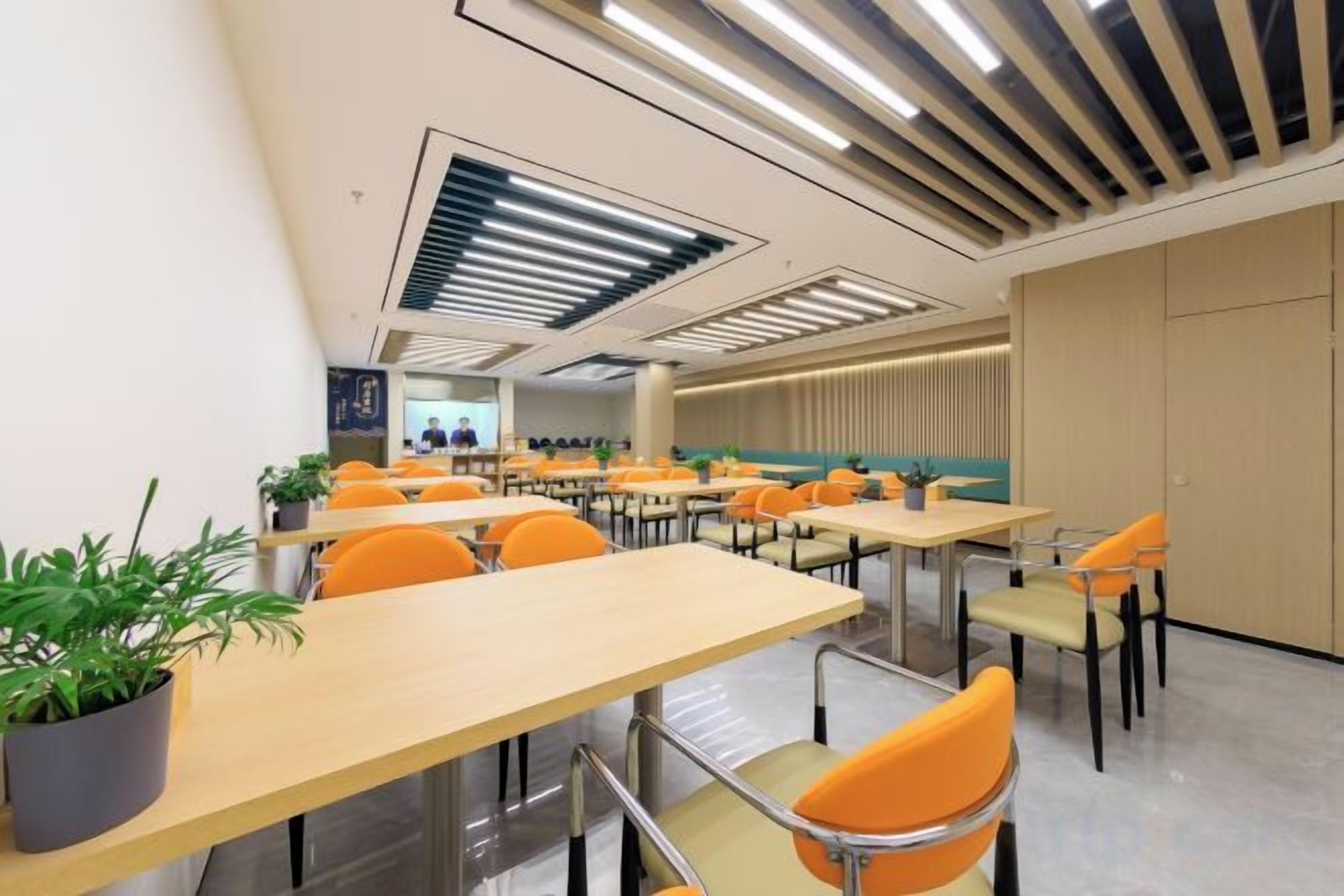 A modern classroom with rows of tables and chairs, a large screen, and a potted plant.