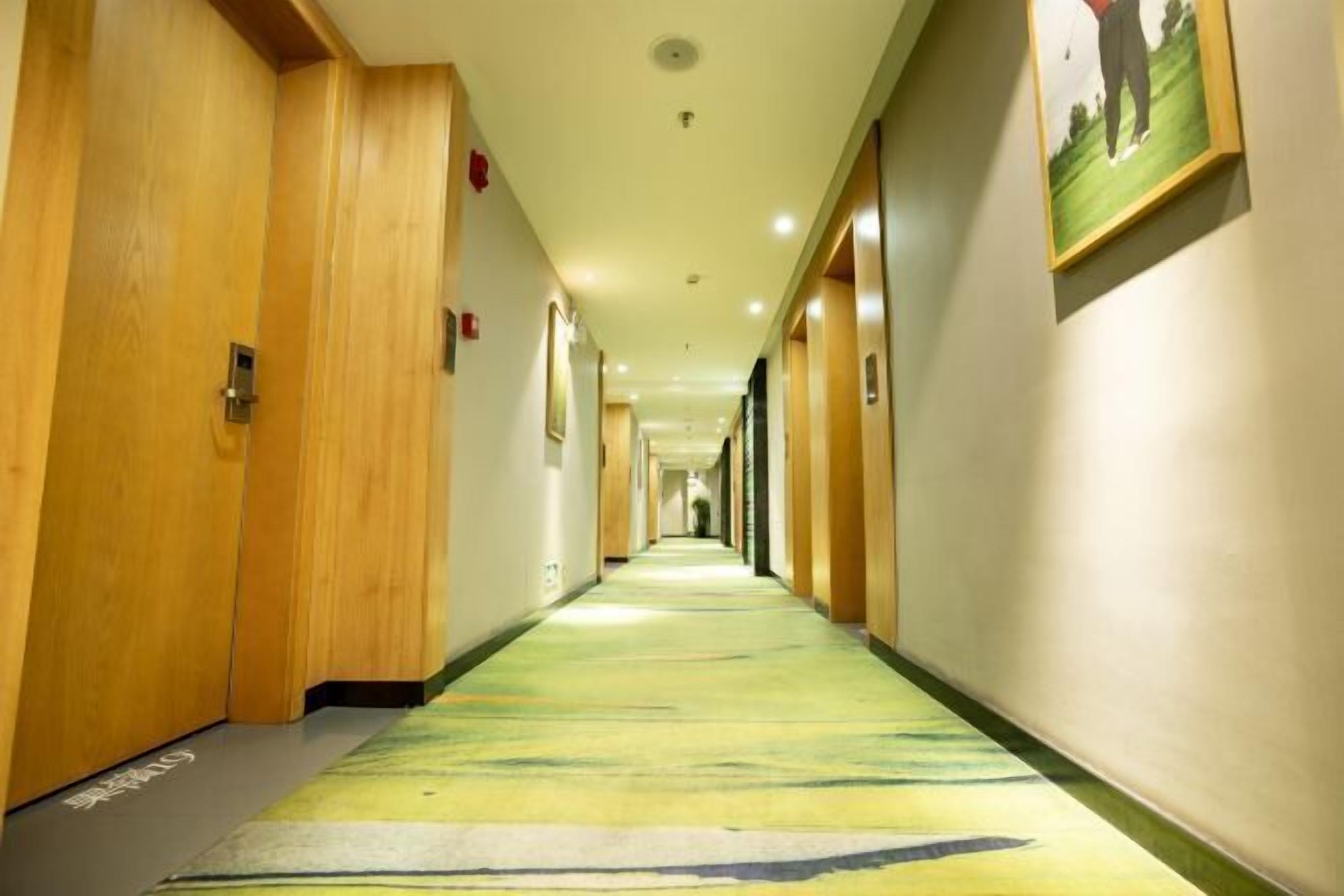 A hotel hallway with wooden doors, a carpeted floor, and a framed picture on the wall.
