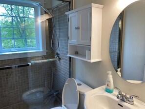 Hair dryer, towels, soap, shampoo