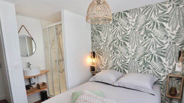 A bedroom with a bed, a bedside table, a nightstand, a wall-mounted lamp, and a shower area. - L'Olivier -4prs/ T2/Pontivy (Pontivy)