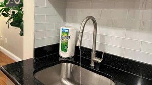 A kitchen sink with a white Bounty paper towel dispenser and a stainless steel faucet. - 406 The easy stays in central city of Philadelphia (Philadelphia)