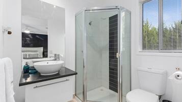 Une salle de bain moderne avec une douche à parois de verre, un lavabo blanc et des toilettes.
