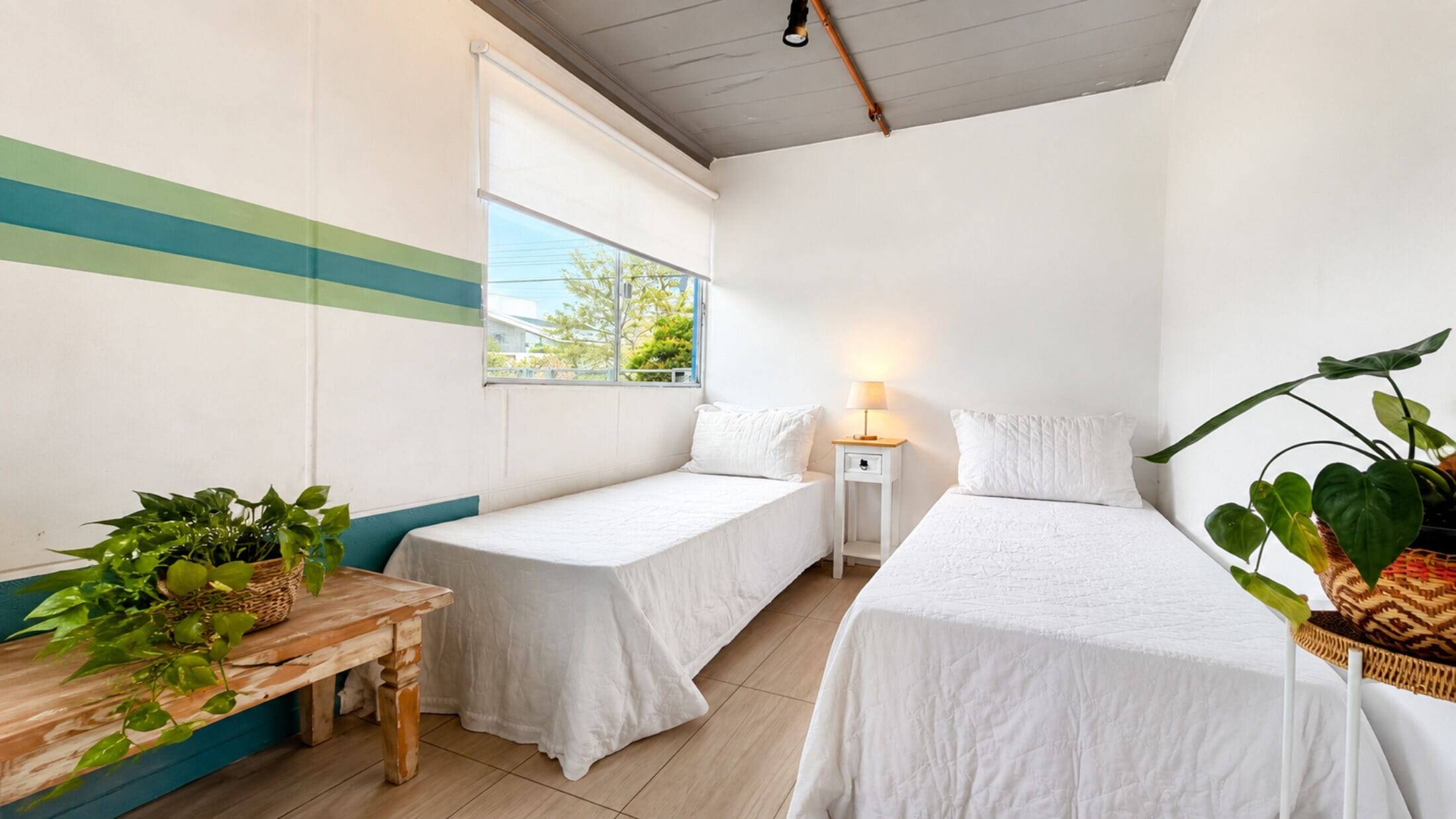 A room with two single beds, a small table with plants, a window with a view of greenery, and a lamp on a nightstand.