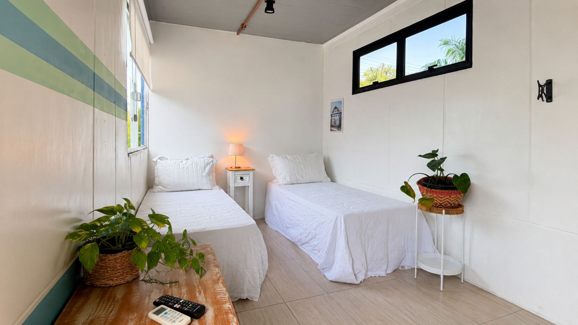 A small, clean room with two beds, a nightstand, a lamp, and a potted plant.