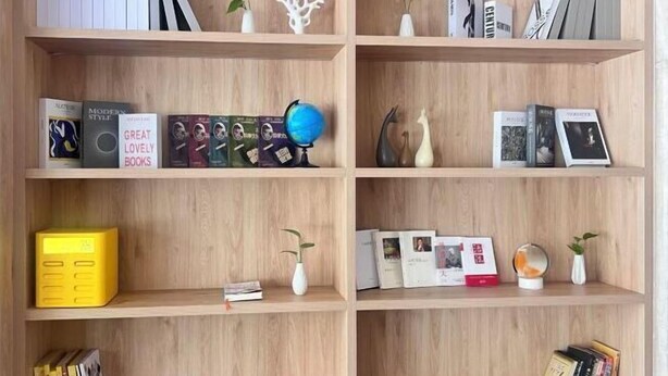 A bookshelf with various books, decorative items, and a globe. - Haocheng Business Hotel Ruian City (Rui'an)