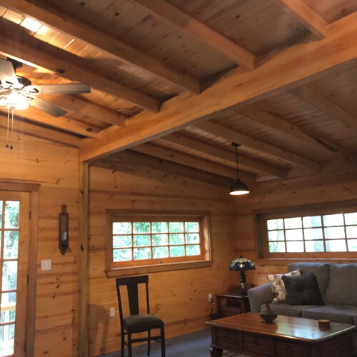 Cozy cabin in secluded forest with deck on creek. Full kitchen. 900 square feet.