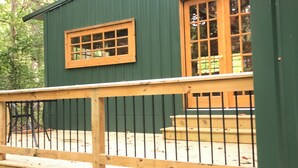 A green building with a wooden deck and railing, a window, and a door with a glass panel.