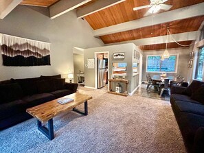 Smart TV, fireplace, table football, books