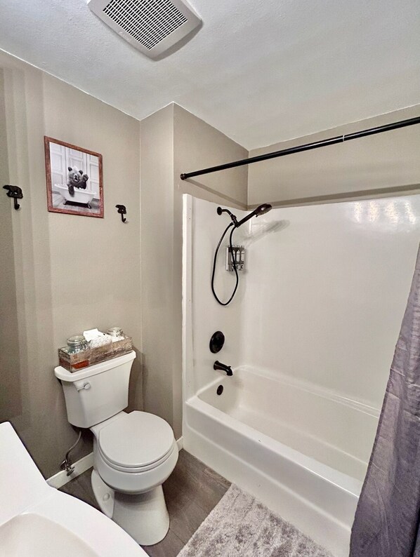 A bathroom with a toilet, a bathtub, and a shower.