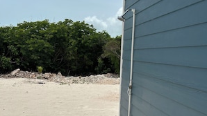 A building with a blue exterior, a concrete pathway leading to a door, and a backdrop of trees and a sandy area.