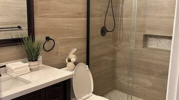 Shower, hair dryer, towels, soap
