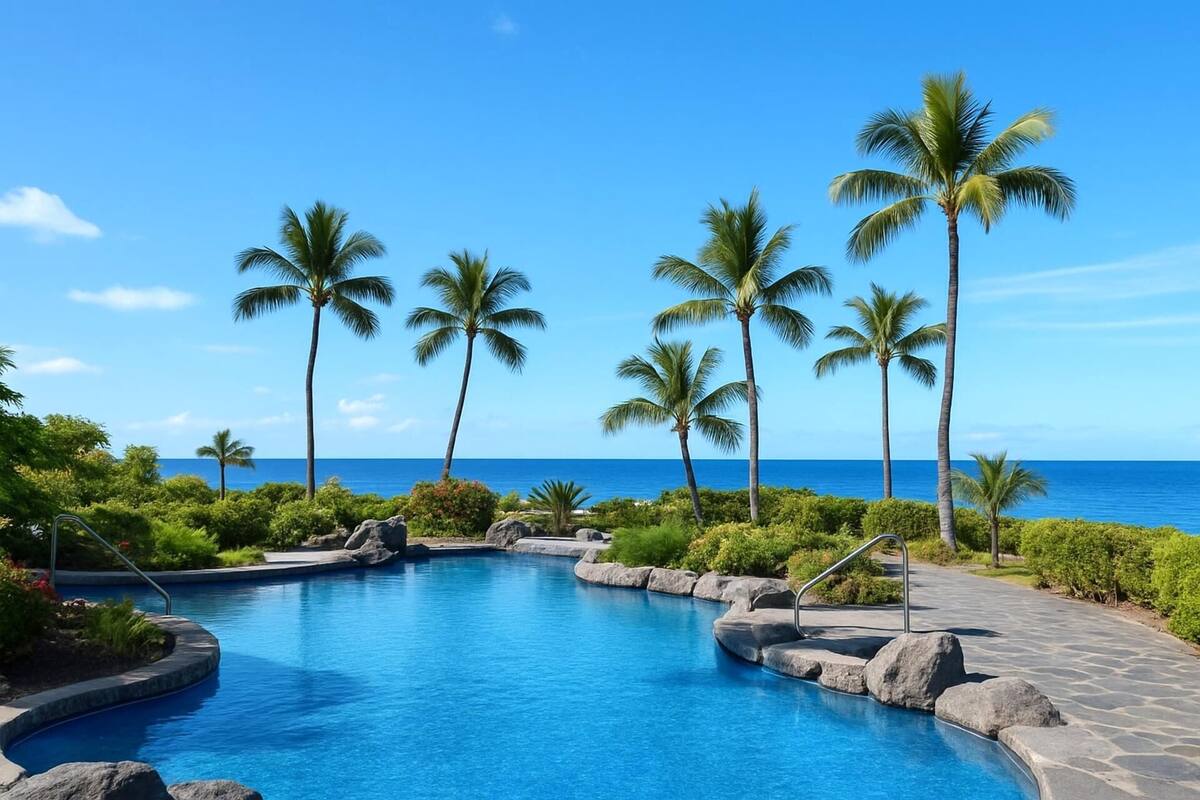 Piscina com design curvo, rodeada por pedras e palmeiras, com vista para o oceano.