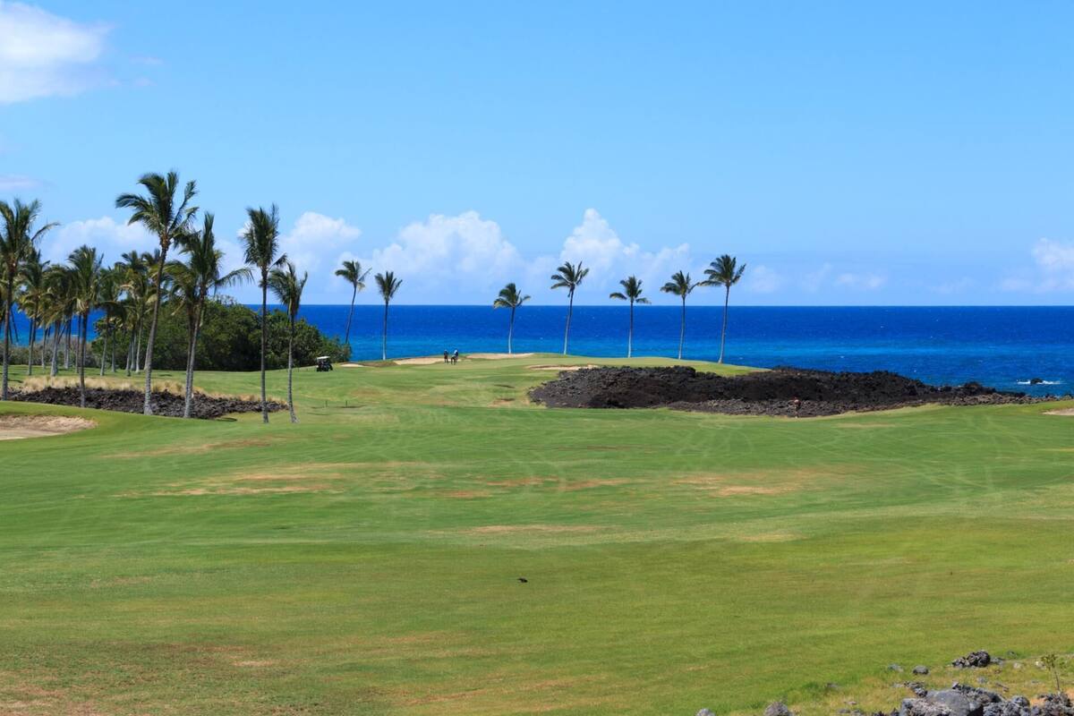 Um campo de golfe com vista para o oceano e palmeiras.