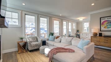 Smart TV, fireplace, books, music library