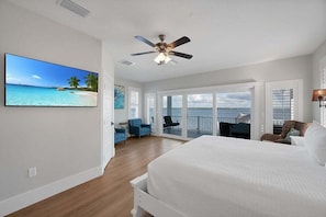 Une chambre avec un lit, un ventilateur de plafond, une télévision et un balcon offrant une vue sur l’océan.