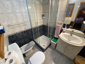 Hair dryer, bidet, towels, soap