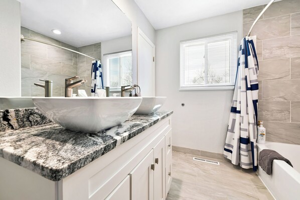Hair dryer, towels, soap, shampoo